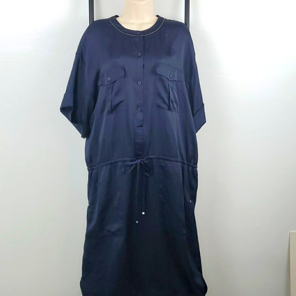 Lafayette 148 New York Blue Short Sleeve Dress Women XL Belt Pocket Luxury